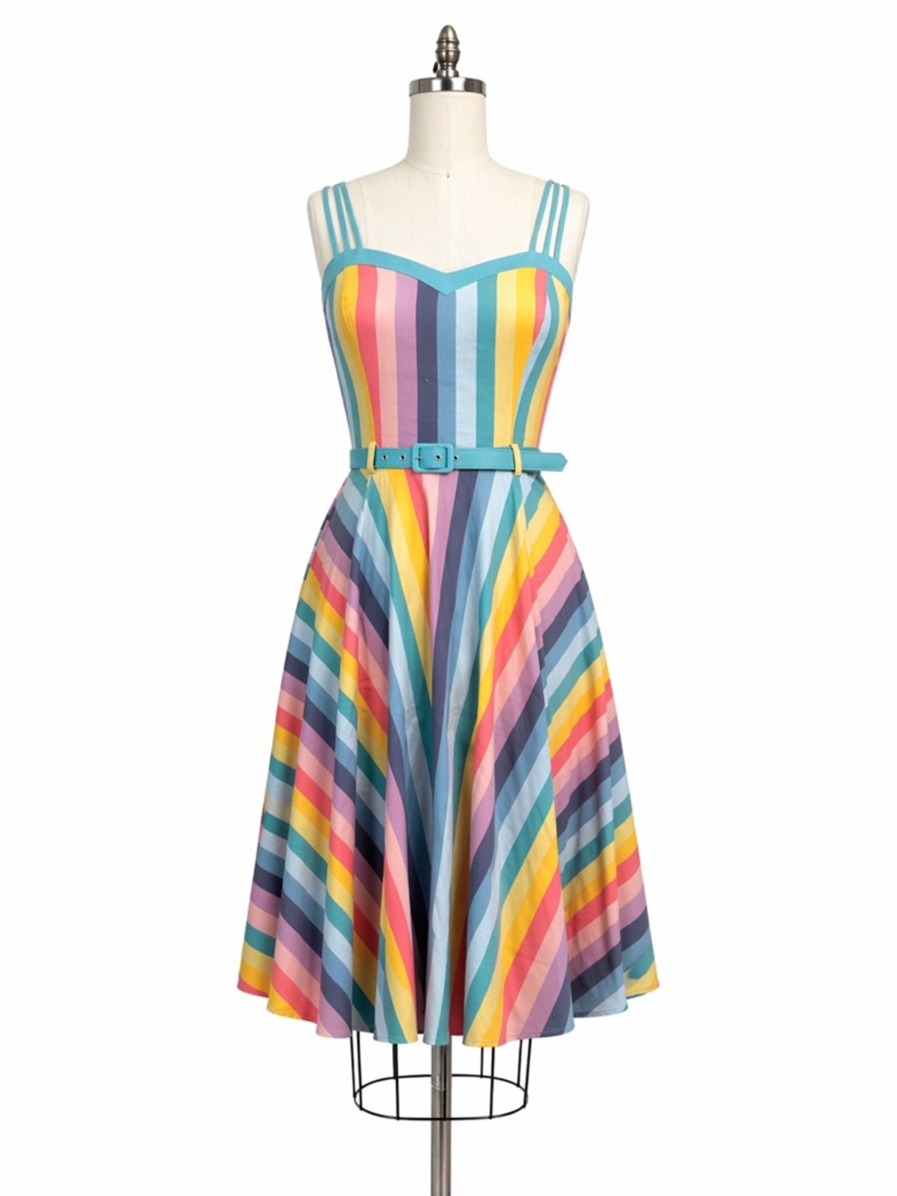 Collectif Vintage Pin Up Pastel Multi-Stripe Fit-and-Flare Dress with Belt